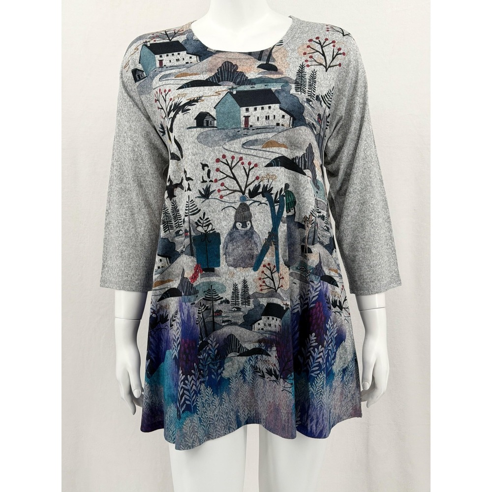Et‎ Lois Top Womens Medium Gray Scenic Village Tunic 3/4 Sleeve Winter Penguin